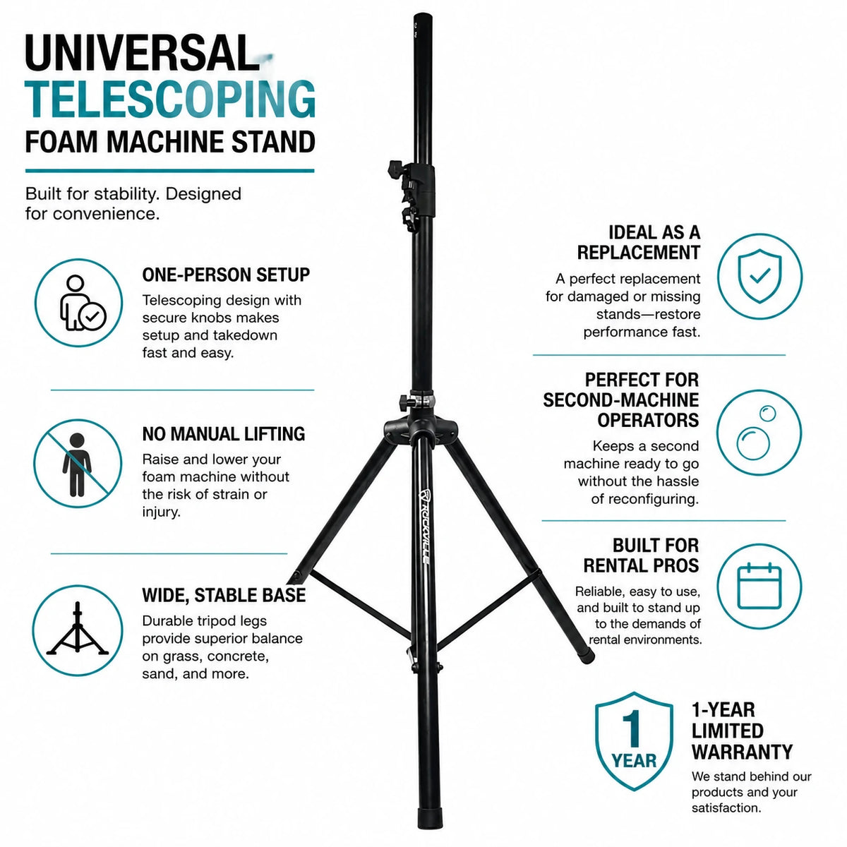 Universal foam machine stand benefits and warranty - SurgeFX