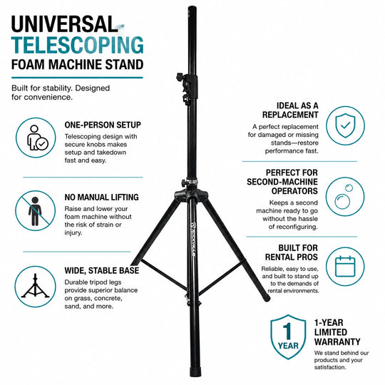 Universal foam machine stand benefits and warranty - SurgeFX