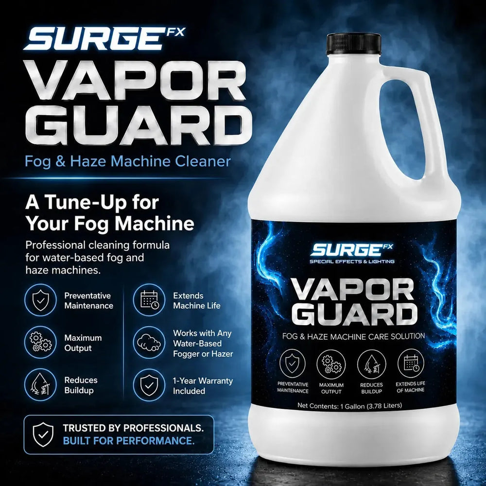 Product overview graphic for SurgeFX Vapor Guard fog and haze machine cleaner with preventative maintenance, maximum output, reduces buildup, extends machine life, and one-year warranty