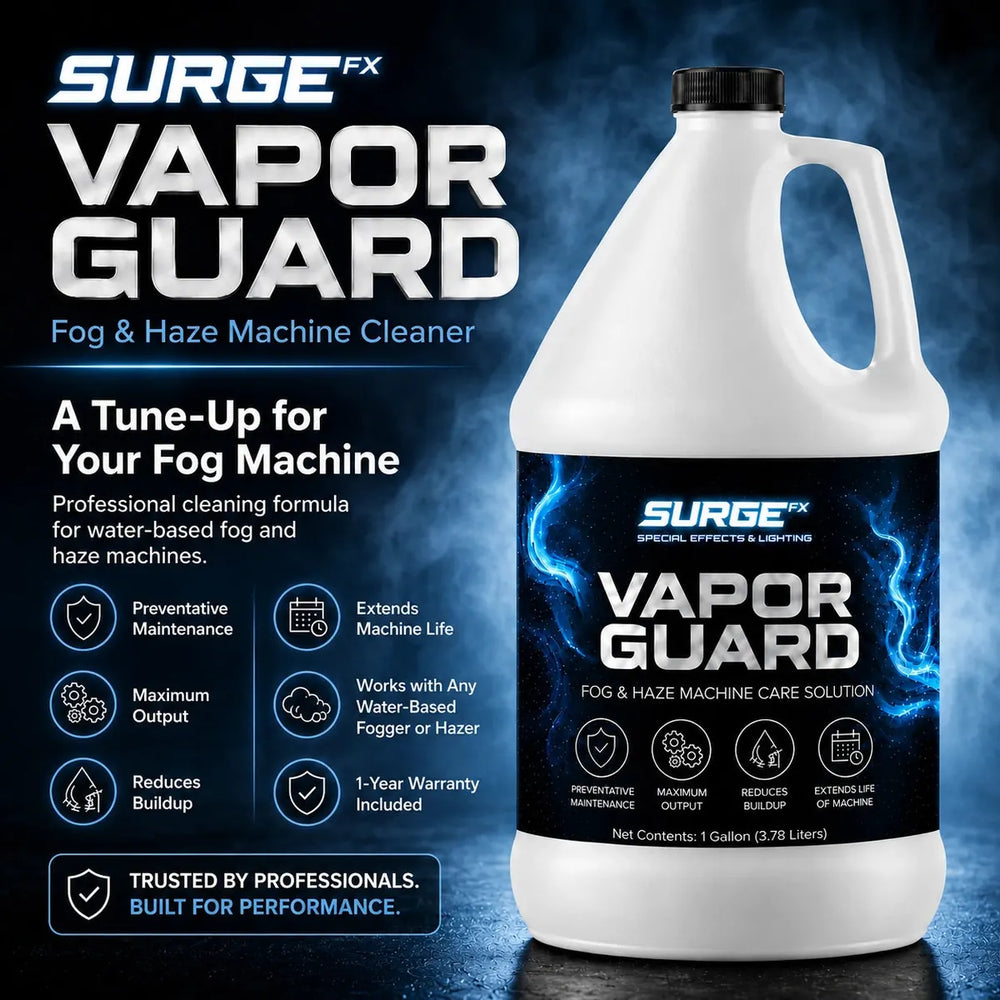 Product overview graphic for SurgeFX Vapor Guard fog and haze machine cleaner with preventative maintenance, maximum output, reduces buildup, extends machine life, and one-year warranty