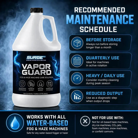 Recommended maintenance schedule graphic for SurgeFX Vapor Guard showing before storage, quarterly use, heavy daily use, reduced output troubleshooting, and water-based compatibility
