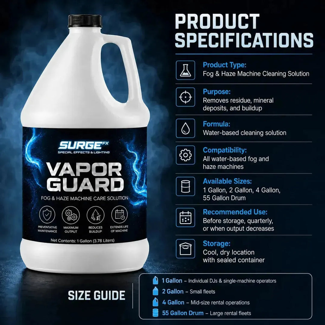 Technical specifications graphic for SurgeFX Vapor Guard showing product type, purpose, formula, compatibility, available sizes, recommended use, storage, and size guide