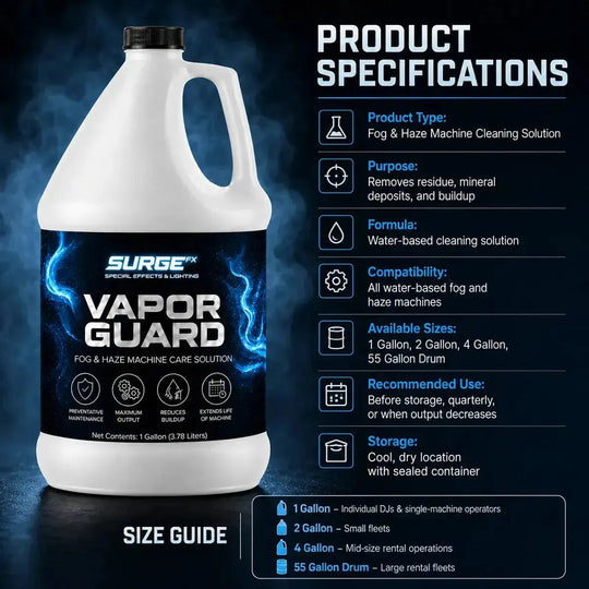 Technical specifications graphic for SurgeFX Vapor Guard showing product type, purpose, formula, compatibility, available sizes, recommended use, storage, and size guide