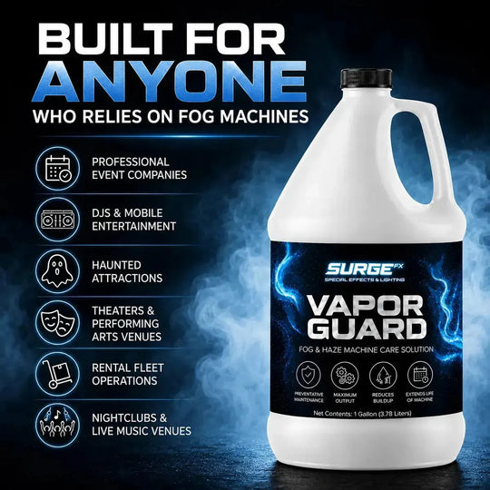 Audience graphic for SurgeFX Vapor Guard showing professional event companies, DJs, haunted attractions, theaters, rental fleets, and live music venues
