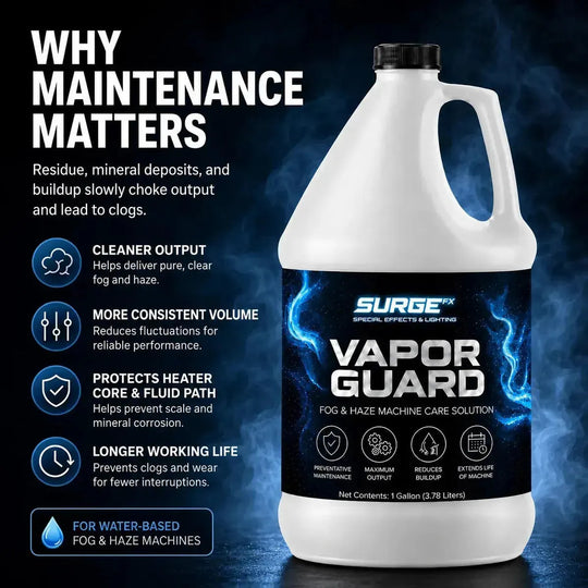 Why maintenance matters graphic for SurgeFX Vapor Guard explaining cleaner output, more consistent volume, protection for heater core and fluid path, and longer working life