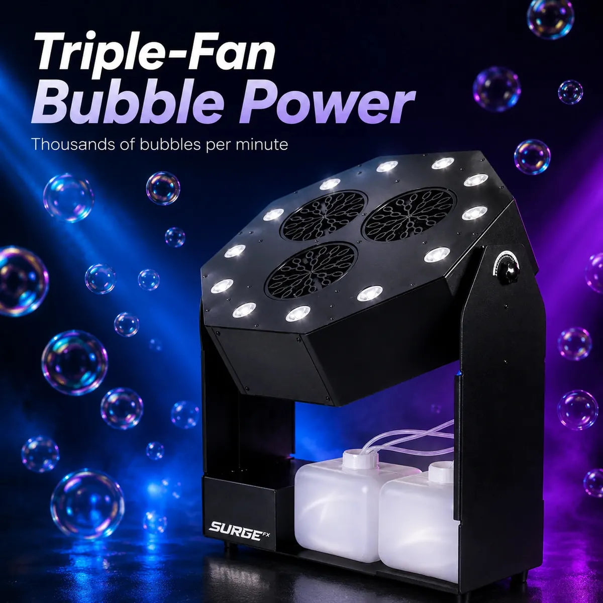 Dramatic product image showing the Ventaris triple-fan bubble machine with colorful lighting and bubbles