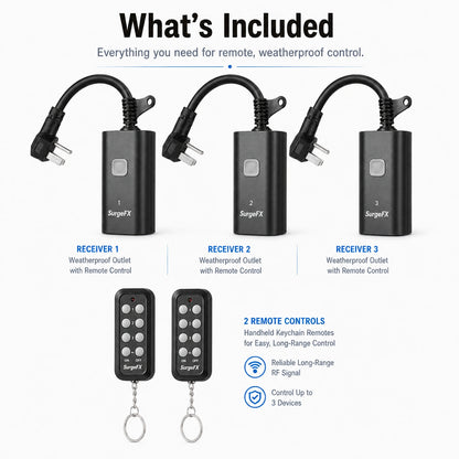 SurgeFX Weatherproof Outdoor Remote Control Outlet Plug for Lighting & Effects — What's Included Kit