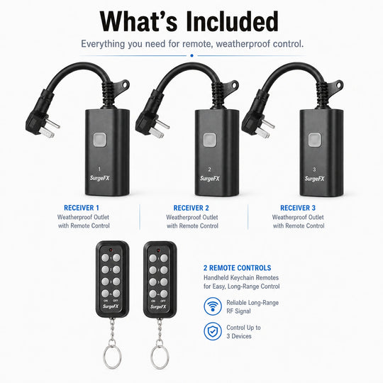 SurgeFX Weatherproof Outdoor Remote Control Outlet Plug for Lighting & Effects — What's Included Kit
