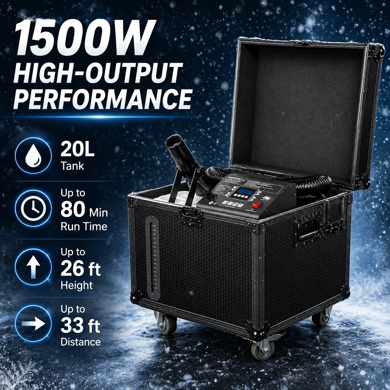 Whiteout 1500W high-output snow machine with 20-liter tank, up to 80-minute runtime, 26-foot height, and 33-foot throw.