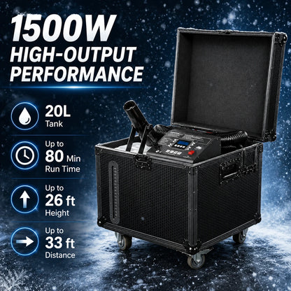 Whiteout 1500W high-output snow machine with 20-liter tank, up to 80-minute runtime, 26-foot height, and 33-foot throw.