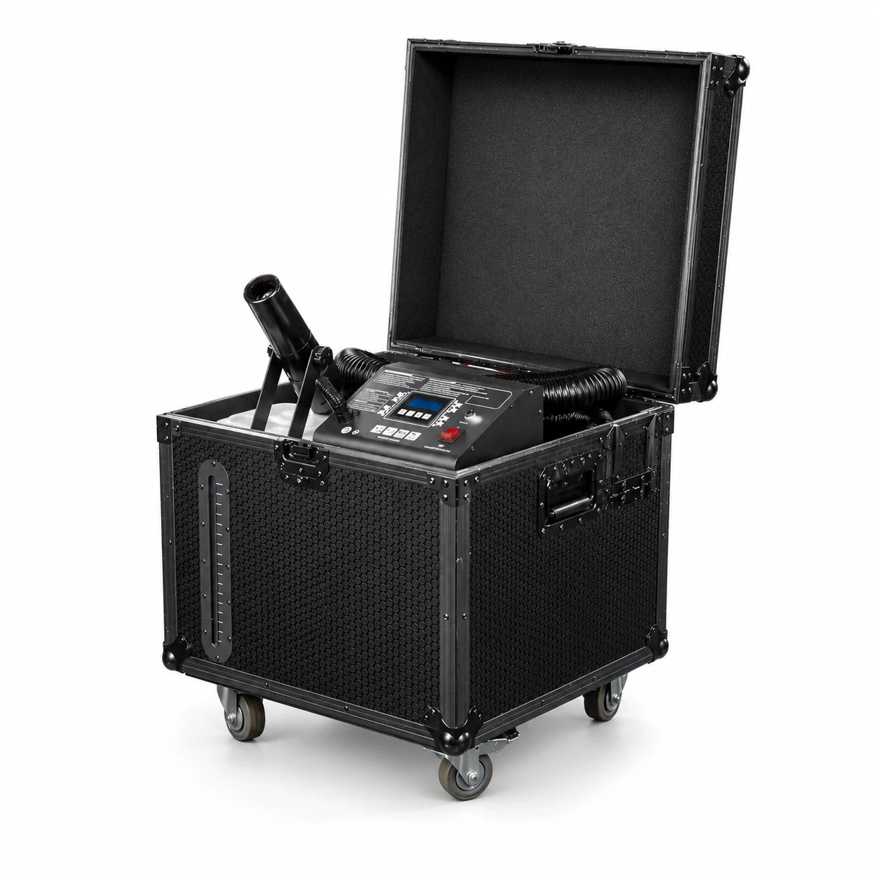 Whiteout 1500W professional snow machine in an integrated rolling flight case on a clean white background.