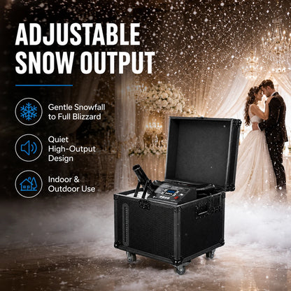 Whiteout snow machine creating adjustable snowfall from gentle flurries to full blizzard output at an event.