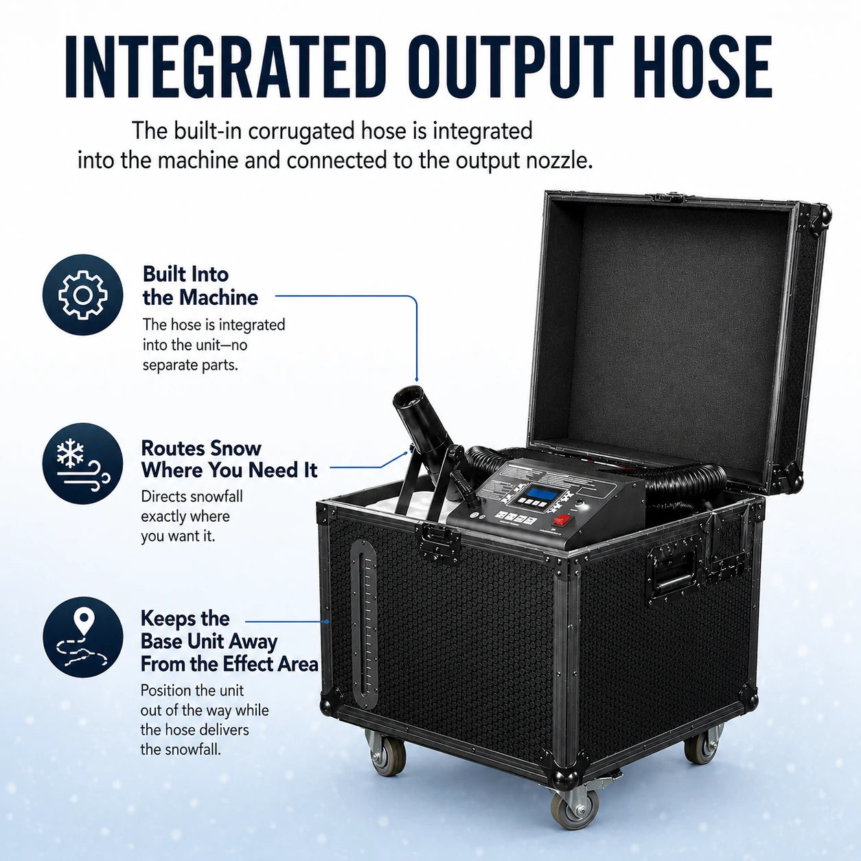 Whiteout snow machine integrated output hose routes the snow effect where it is needed while the base unit stays out of the effect area.