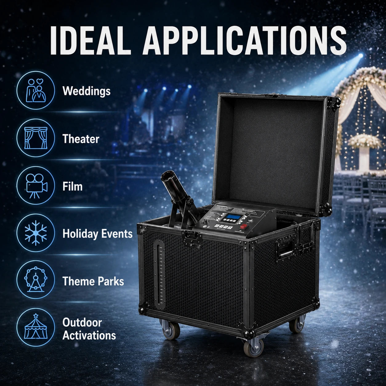 Whiteout professional snow machine ideal applications including weddings, theater, film, holiday events, theme parks, and outdoor activations.