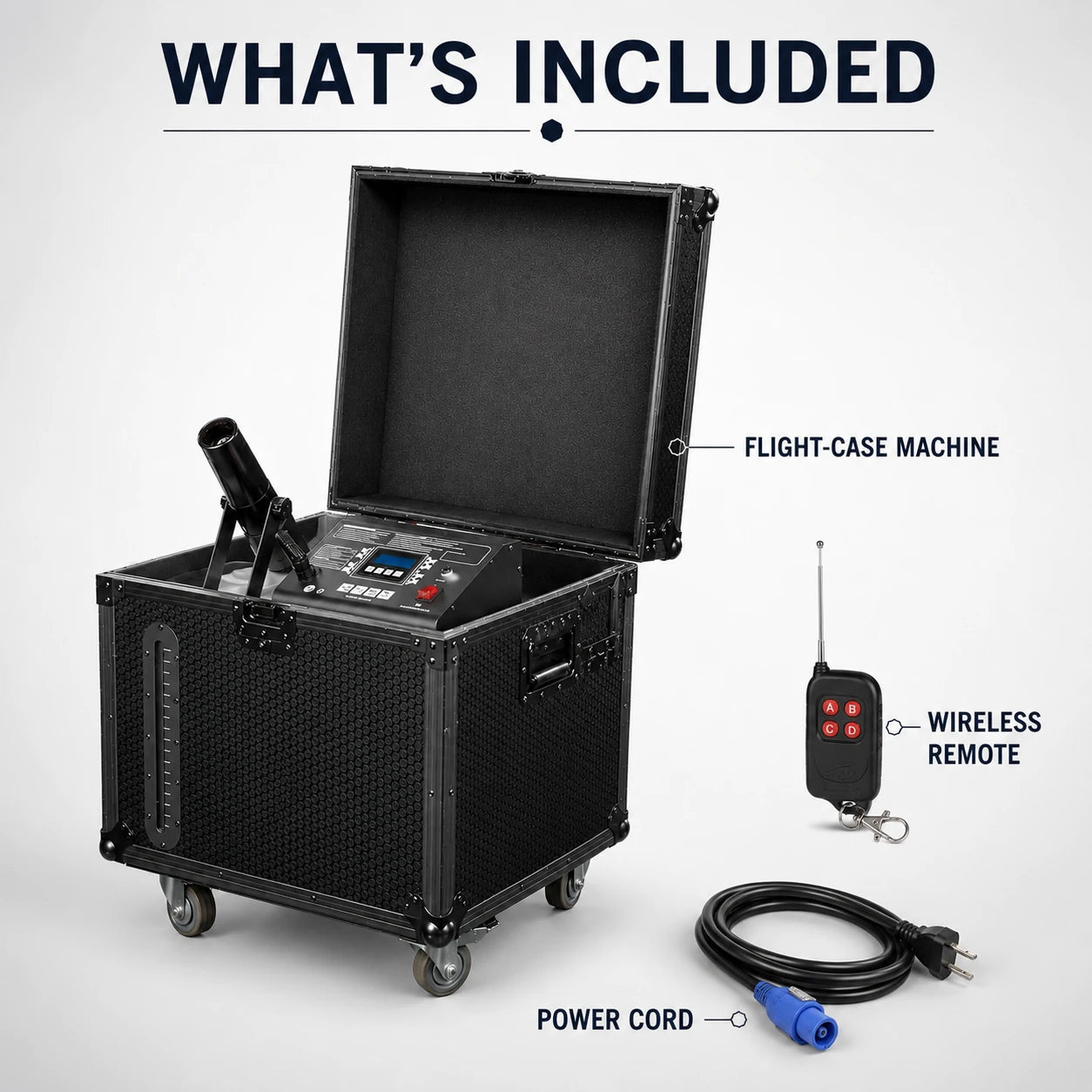 Whiteout snow machine package contents including the flight-case machine, wireless remote, and power cord.