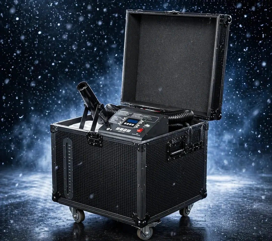 Black electronic device in a flight case with a starry background