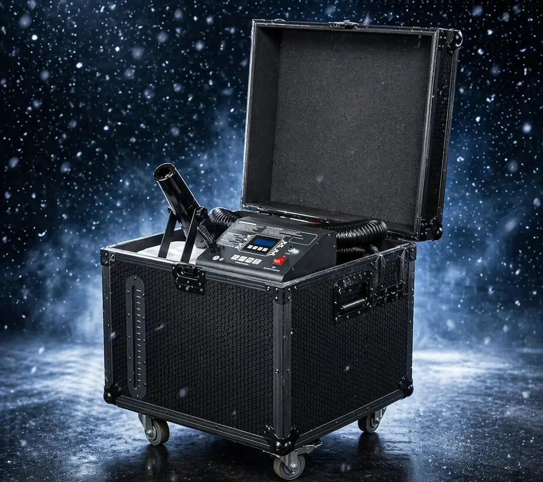 Black electronic device in a flight case with a starry background