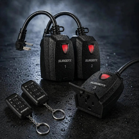 SurgeFX electronic devices with keychain on a dark surface