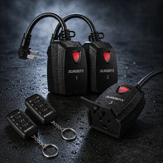 SurgeFX electronic devices with keychain on a dark surface