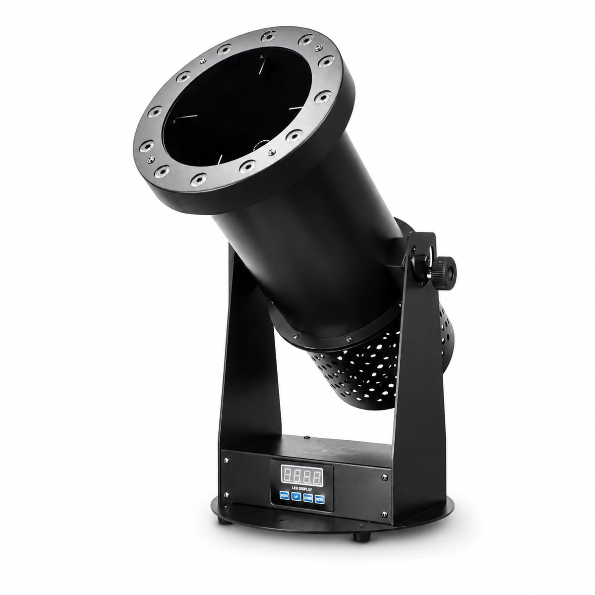 Zephyr electric confetti cannon with integrated LED lighting shown on a clean white background.