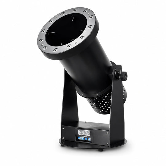 Zephyr electric confetti cannon with integrated LED lighting shown on a clean white background.
