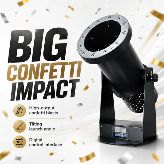 Zephyr confetti cannon creating a big confetti impact for live events and stage finales.