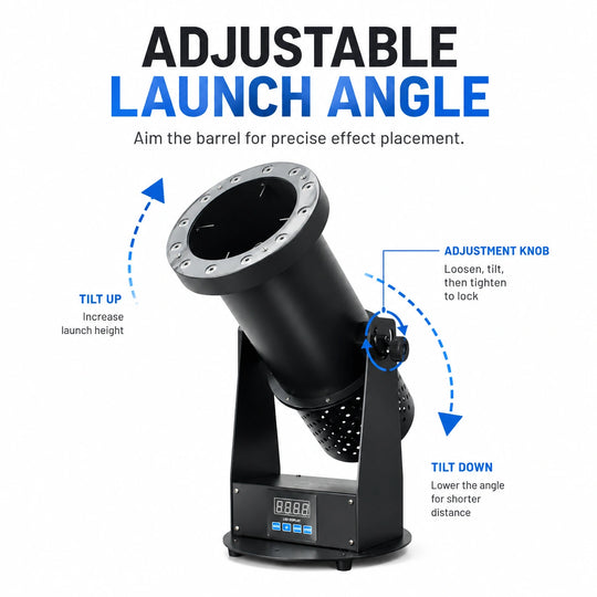 Zephyr confetti cannon with adjustable launch angle for precise confetti placement.
