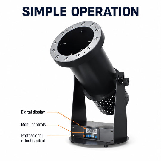 Zephyr electric confetti cannon highlighting simple operation for DJs, venues, and event crews.