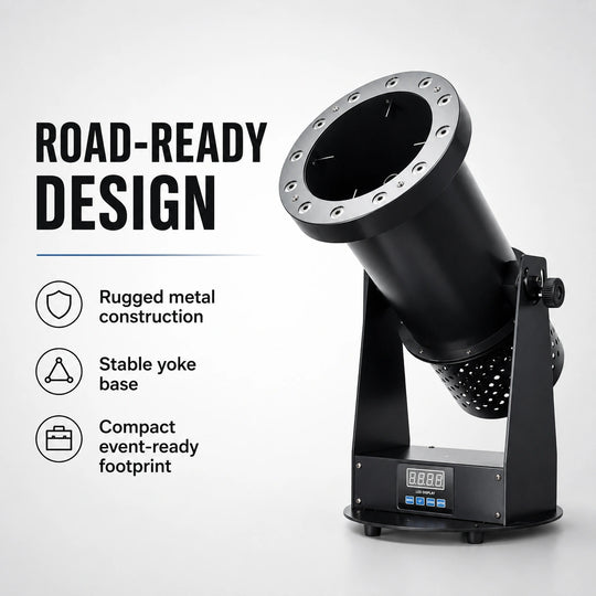 Zephyr confetti cannon with road-ready design for concerts, clubs, and event production.
