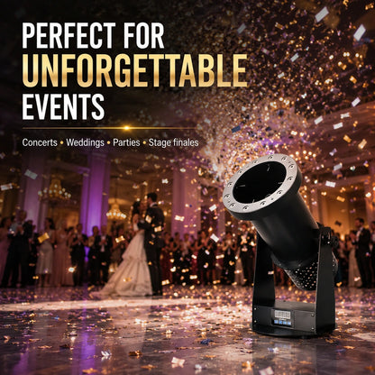 Zephyr confetti cannon creating unforgettable event moments for weddings, parties, and live productions.