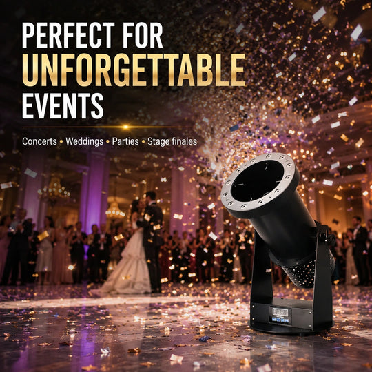 Zephyr confetti cannon creating unforgettable event moments for weddings, parties, and live productions.
