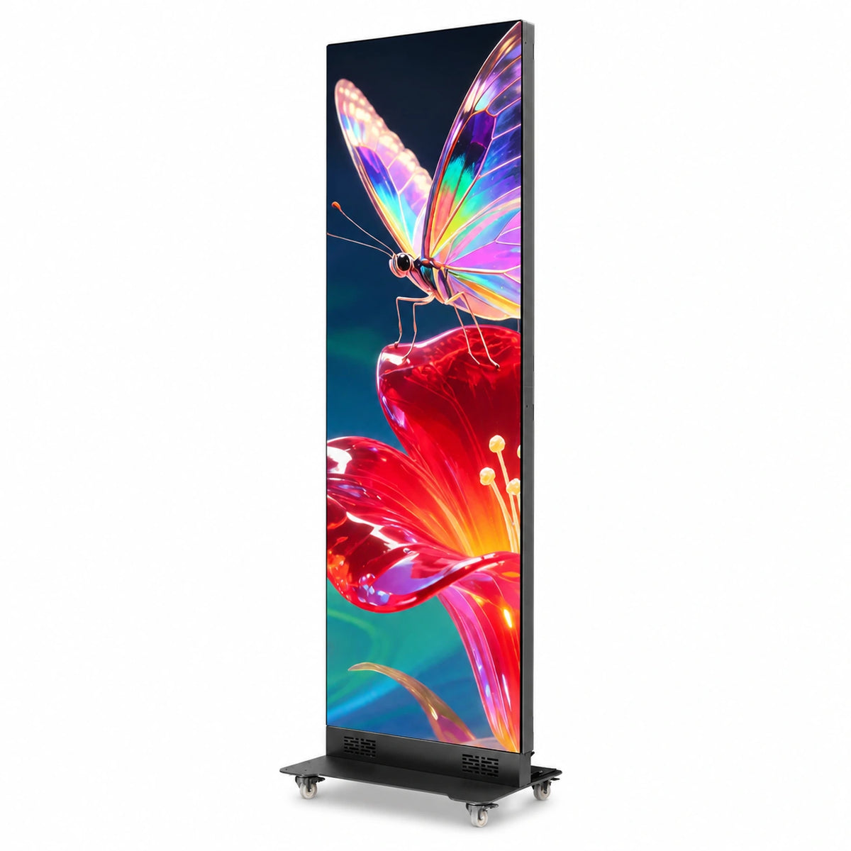 The Canvas LED video poster board angled front view with vivid portrait display content
