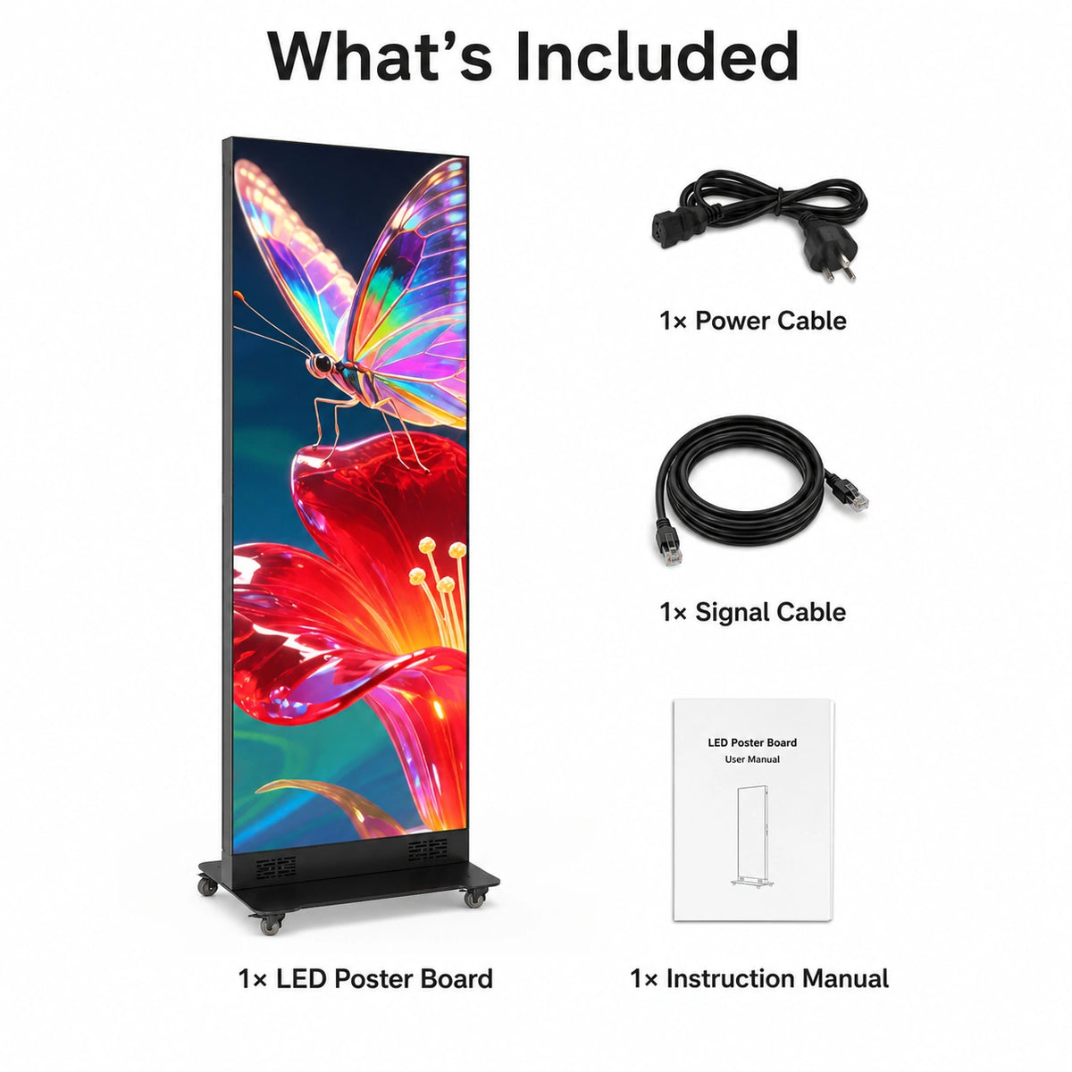 The Canvas LED video poster board what's included graphic showing the display, power cable, signal cable, and instruction manual
