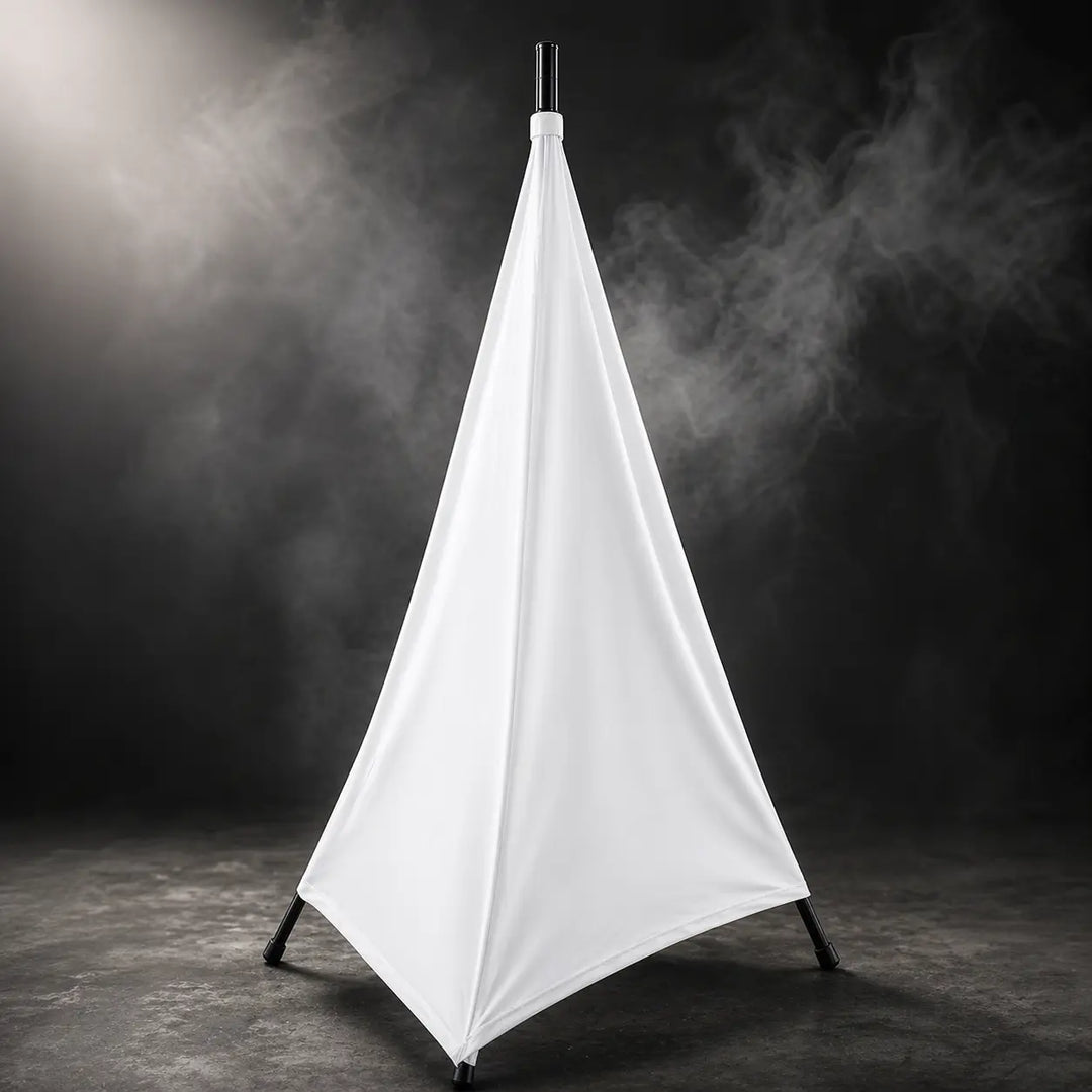 White foam machine cover on tripod stand, protective case.